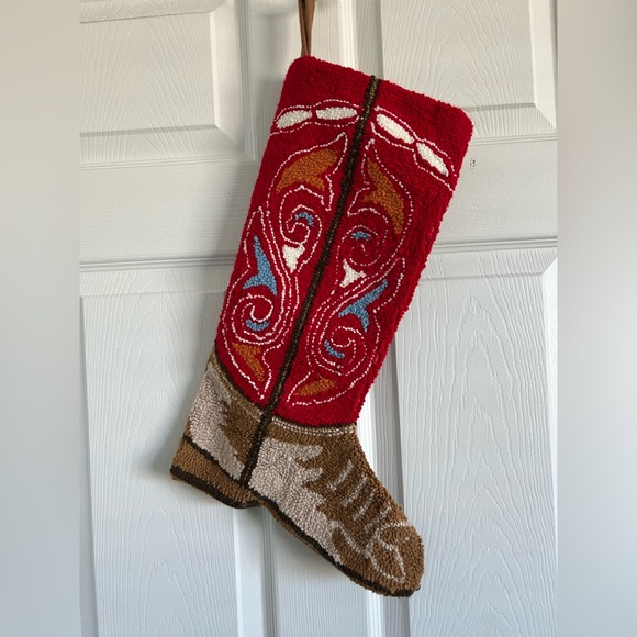 Unique Cowboy boot stocking.  Very intricate.  Red with blue and white scroll - Picture 1 of 4